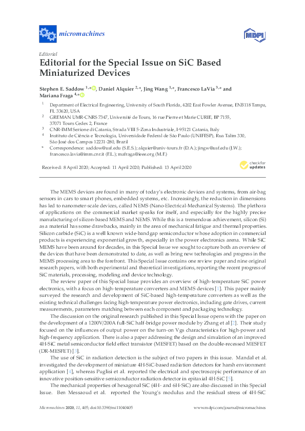 (PDF) Editorial for the Special Issue on SiC Based Miniaturized Devices