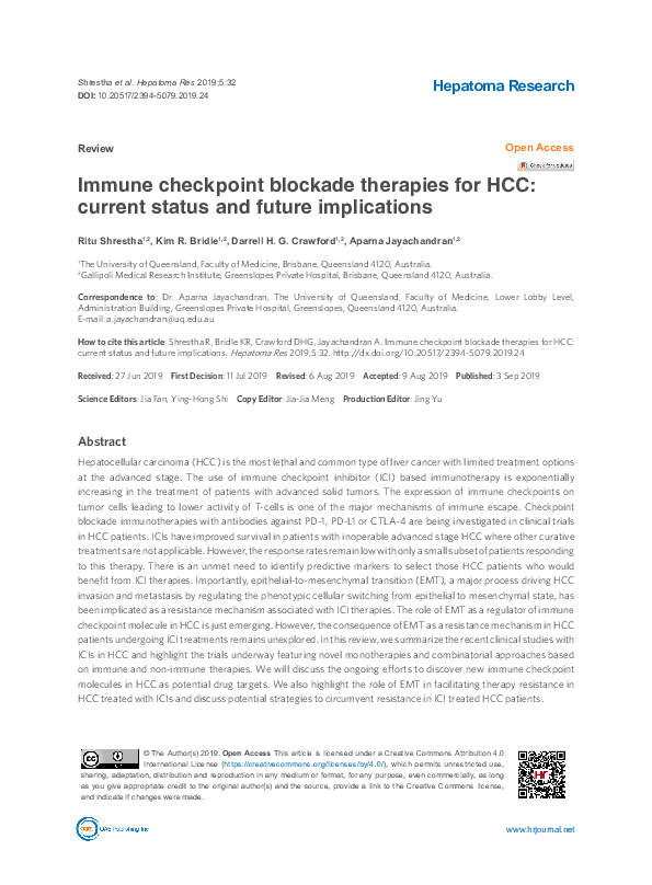 Pdf Immune Checkpoint Blockade Therapies For Hcc Current Status And