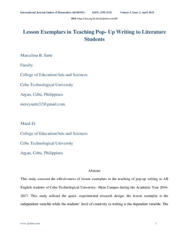 (PDF) Lesson Exemplars in Teaching Pop-Up Writing To Literature Students