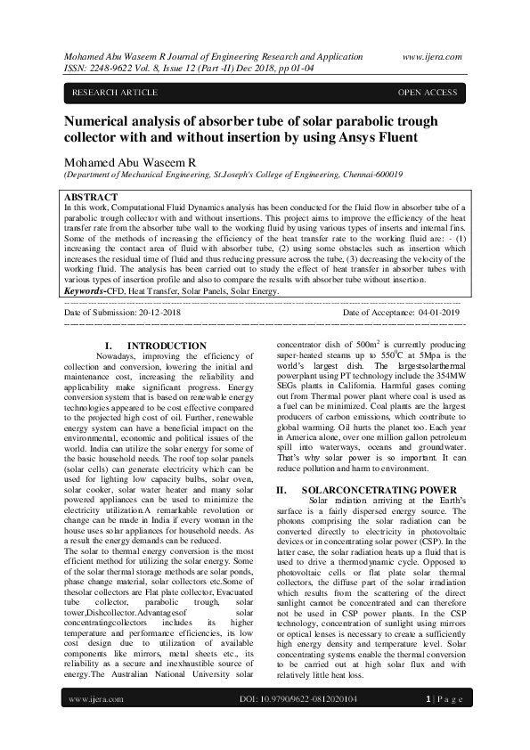 (PDF) Numerical analysis of absorber tube of solar parabolic trough ...