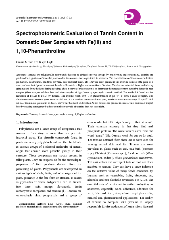 (PDF) Spectrophotometric Evaluation of Tannin Content in Domestic Beer Samples with Fe(III) and