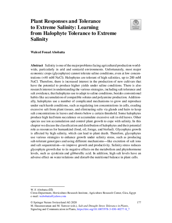 (PDF) Plant Responses and Tolerance to Extreme Salinity: Learning from ...
