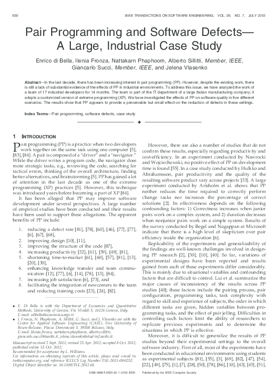 (PDF) Pair Programming and Software Defects- A Large, Industrial Case Study