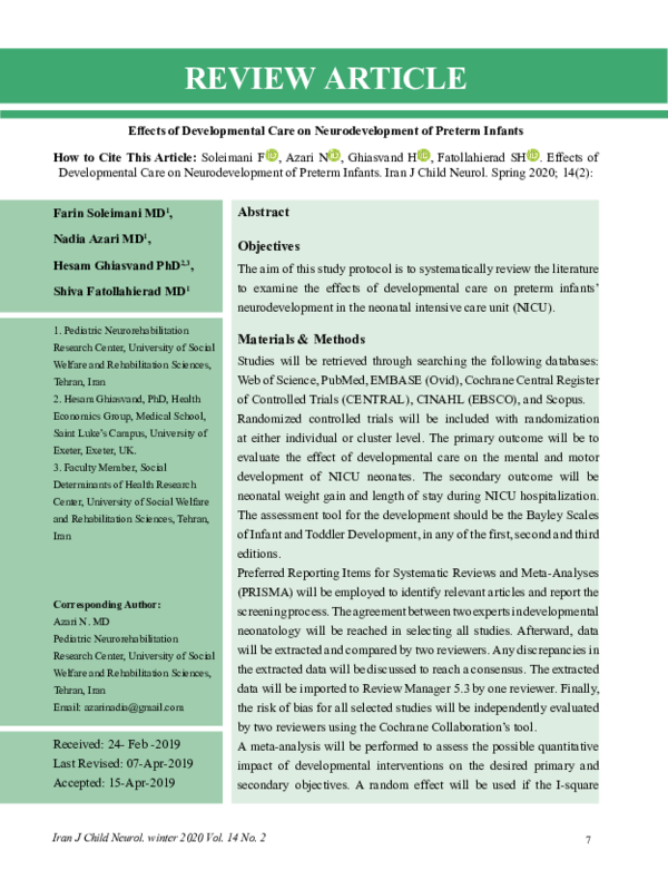(PDF) Effects of Developmental Care on Neurodevelopment of Preterm Infants