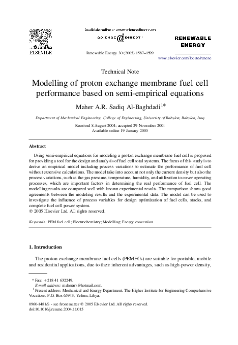 (PDF) Modelling of proton exchange membrane fuel cell performance based ...