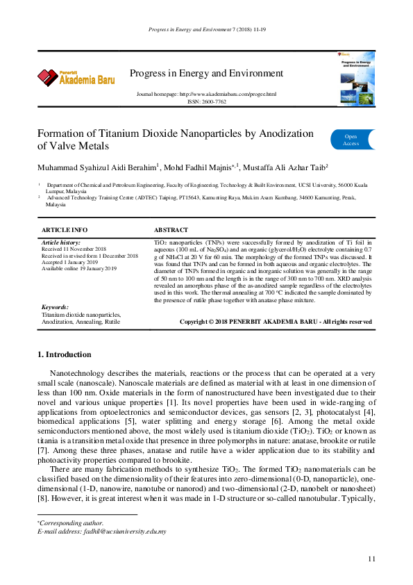 (PDF) Formation of Titanium Dioxide Nanoparticles by Anodization of ...