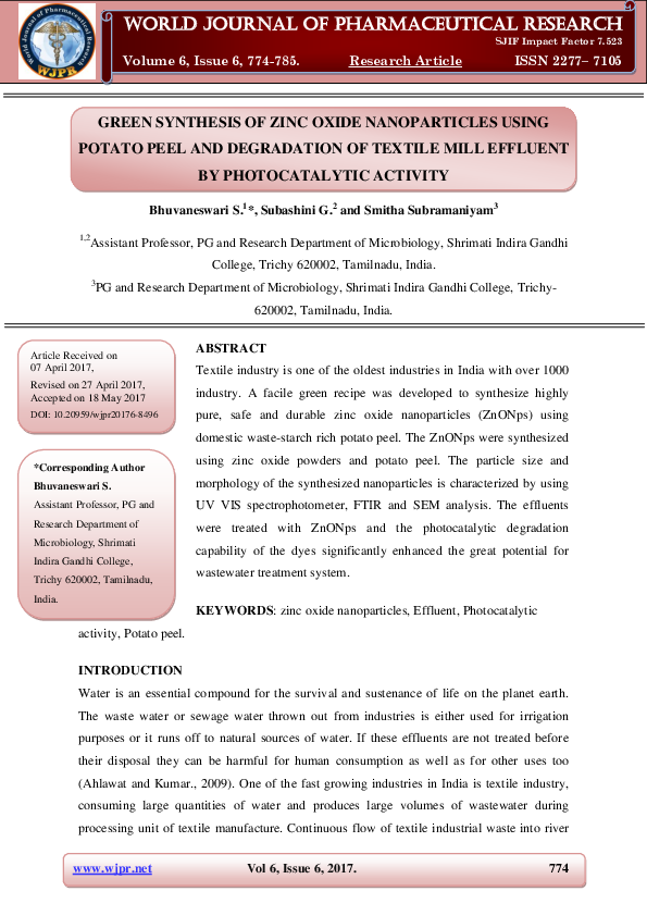 (PDF) GREEN SYNTHESIS OF ZINC OXIDE NANOPARTICLES USING POTATO PEEL AND ...