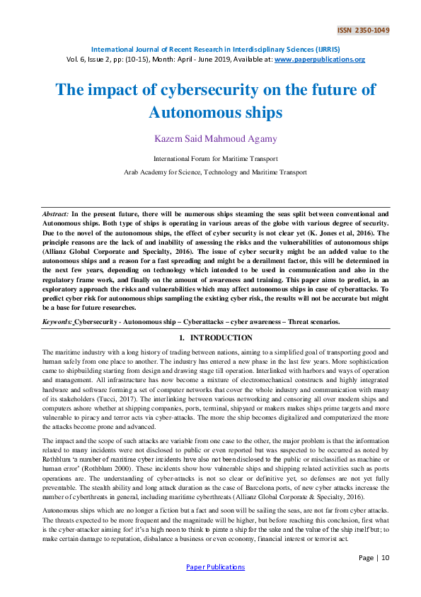 (PDF) The impact of cybersecurity on the future of Autonomous ships