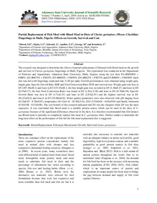 (PDF) Partial Replacement of Fish Meal with Blood Meal in Diets of