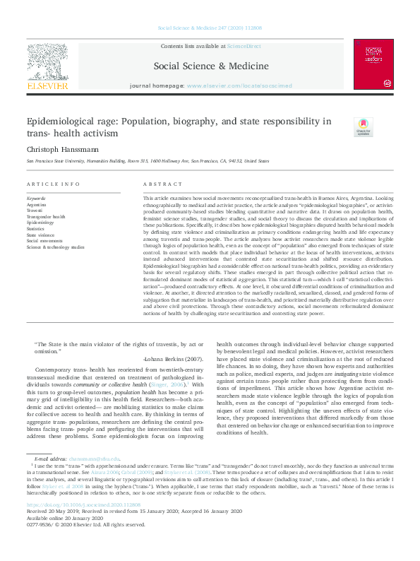 (PDF) Epidemiological rage: Population, biography, and state ...
