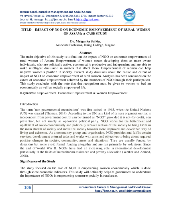 (PDF) TITLE- IMPACT OF NGO ON ECONOMIC EMPOWERMENT OF RURAL WOMEN OF ...