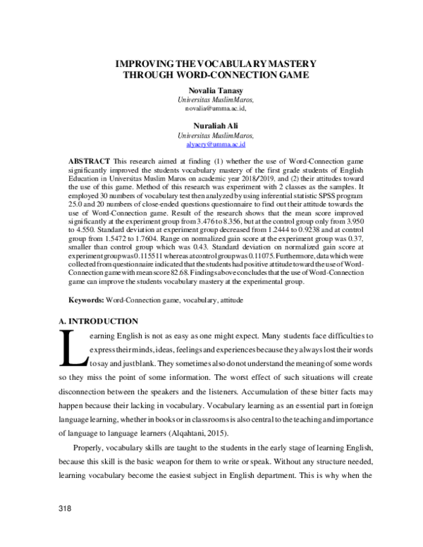 (PDF) L IMPROVING THE VOCABULARY MASTERY THROUGH WORD-CONNECTION GAME