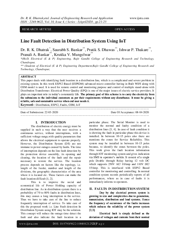 (PDF) Line Fault Detection in Distribution System Using IoT IJERA