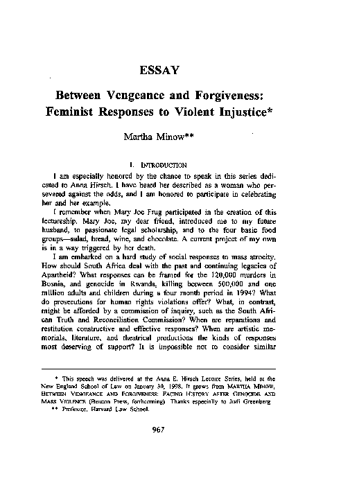 (PDF) Martha Minow, “Between Vengeance and Forgiveness: Feminist Responses to Violent Injustice ...
