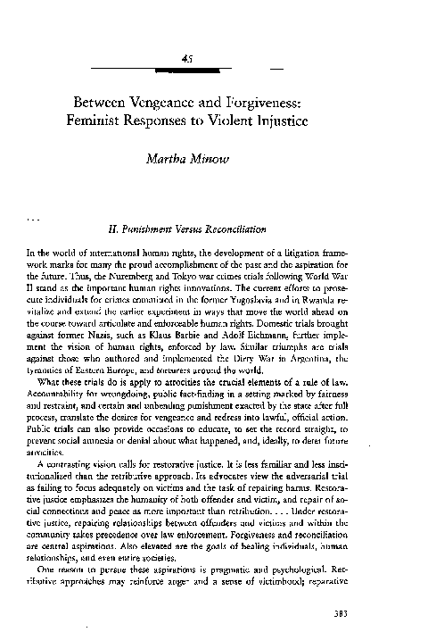 (PDF) Martha Minow, “Between Vengeance and Forgiveness: Feminist Responses to Violent Injustice ...