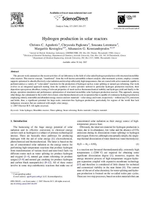 (PDF) Hydrogen production in solar reactors