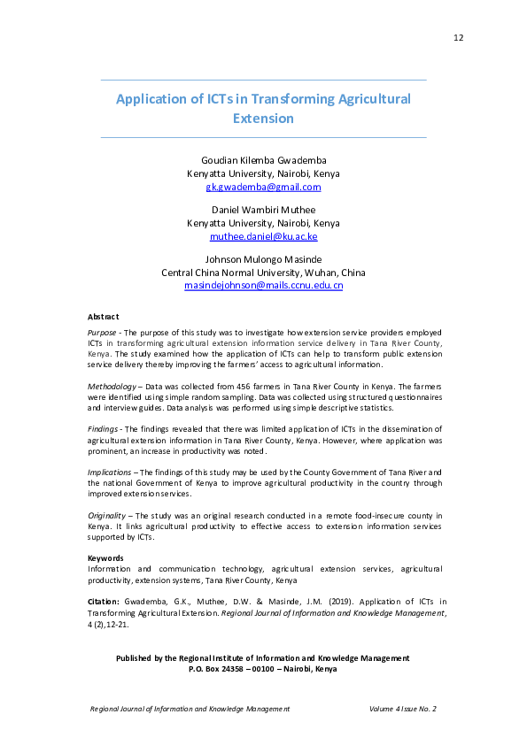(PDF) Application of ICTs in Transforming Agricultural Extension
