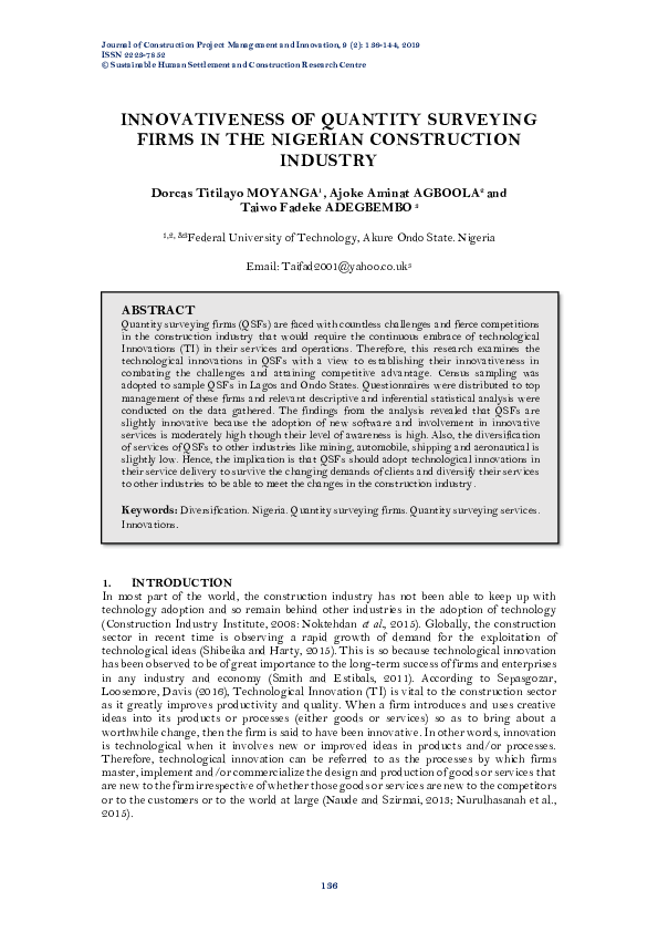 (PDF) INNOVATIVENESS OF QUANTITY SURVEYING FIRMS IN THE NIGERIAN