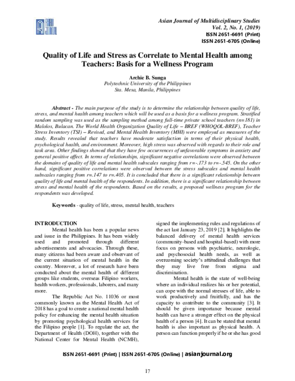 (PDF) Quality of Life and Stress as Correlate to Mental Health among ...