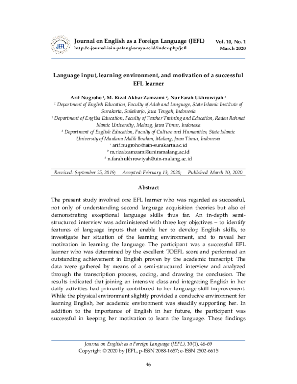 (PDF) Language input, learning environment, and motivation of a ...