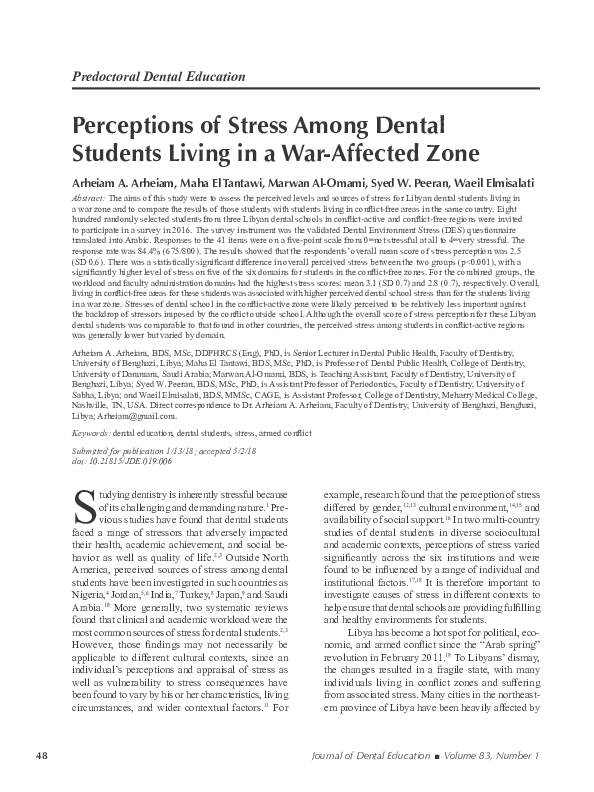 (PDF) Perceptions of Stress Among Dental Students Living in a War ...