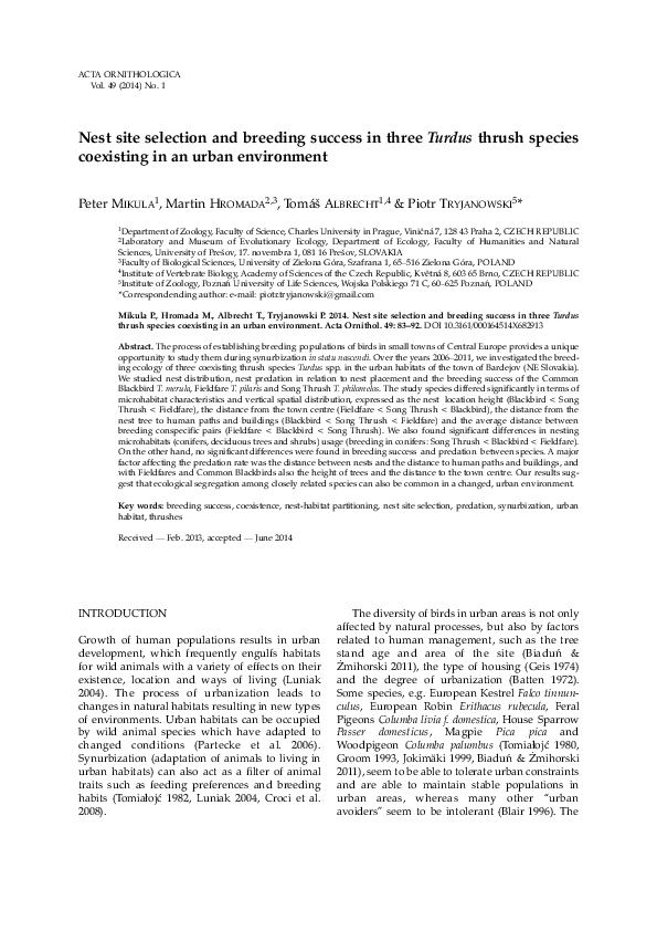 (PDF) Nest Site Selection in the Urban Population of Blackbirds Turdus