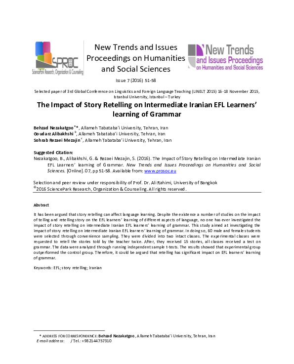 (PDF) The Impact of Story Retelling on Intermediate Iranian EFL ...