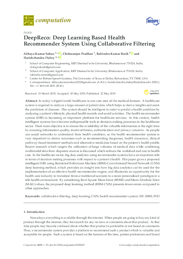 (PDF) DeepReco: Deep Learning Based Health Recommender System Using ...