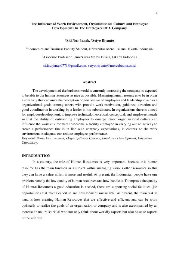 (PDF) The Influence of Work Environment, Organizational Culture and ...
