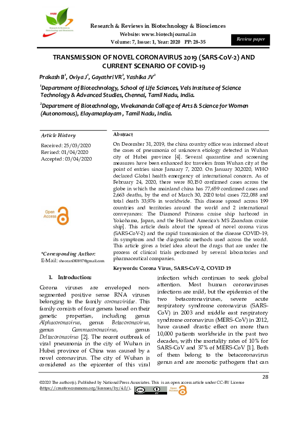 (PDF) TRANSMISSION OF NOVEL CORONAVIRUS 2019 (SARS-CoV-2) AND CURRENT ...