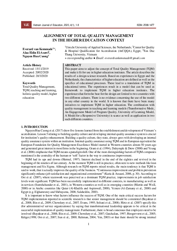 (PDF) ALIGNMENT OF TOTAL QUALITY MANAGEMENT IN THE HIGHER EDUCATION CONTEXT