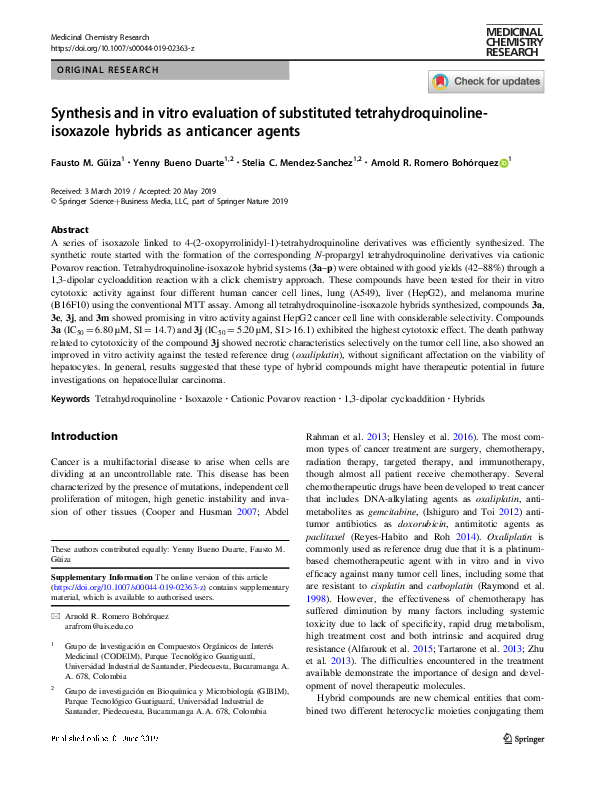 (PDF) MEDICINAL CHEMISTRY RESEARCH Synthesis and in vitro evaluation of ...