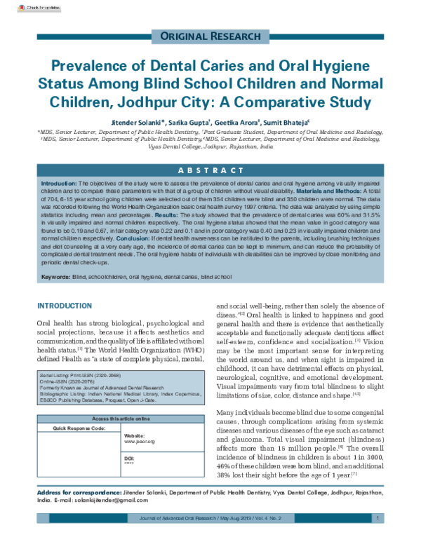 (PDF) Prevalence of Dental Caries and Oral Hygiene Status Among Blind ...
