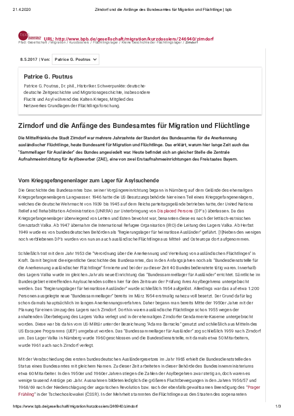 (PDF) Zirndorf und die Anfänge des Bundesamtes für Migration und Flüchtlinge