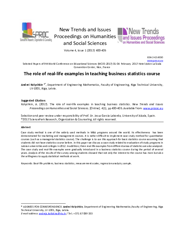 (PDF) The role of real-life examples in teaching business statistics course