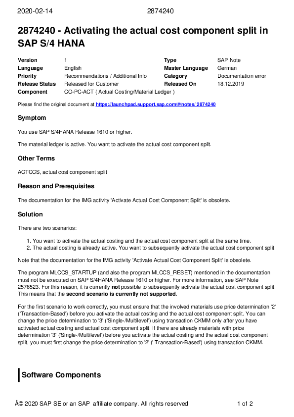 (PDF) 2874240 Activating the actual cost component split in SAP S/4