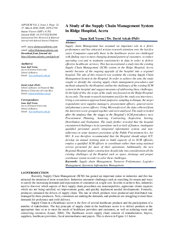 (PDF) A Study of the Supply Chain Management System in Ridge Hospital