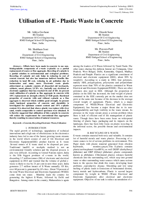 (PDF) IJERT-Utilisation of E - Plastic Waste in Concrete