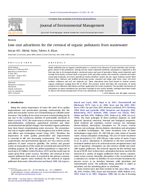 (PDF) Low cost adsorbents for the removal of organic pollutants from ...