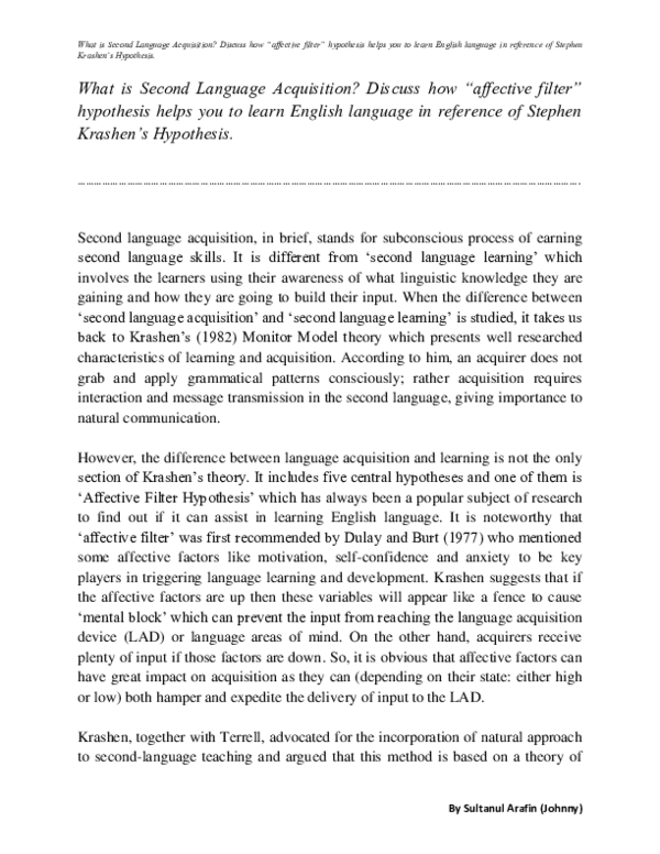 (PDF) Krashen's Affective Filter Hypothesis in Teaching and Learning