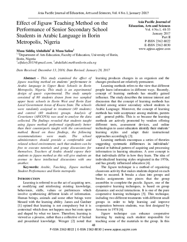 (PDF) Effect of Jigsaw Teaching Method on the Performance of Senior ...
