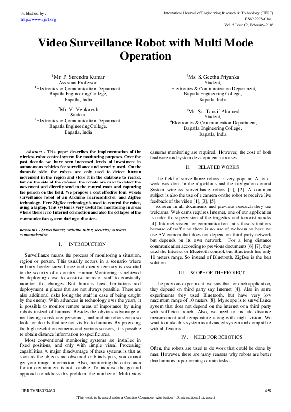 (PDF) IJERTVideo Surveillance Robot with Multi Mode Operation IJERT