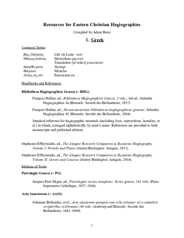 (DOC) Resources for Eastern Christian Hagiographies Adam Bursi
