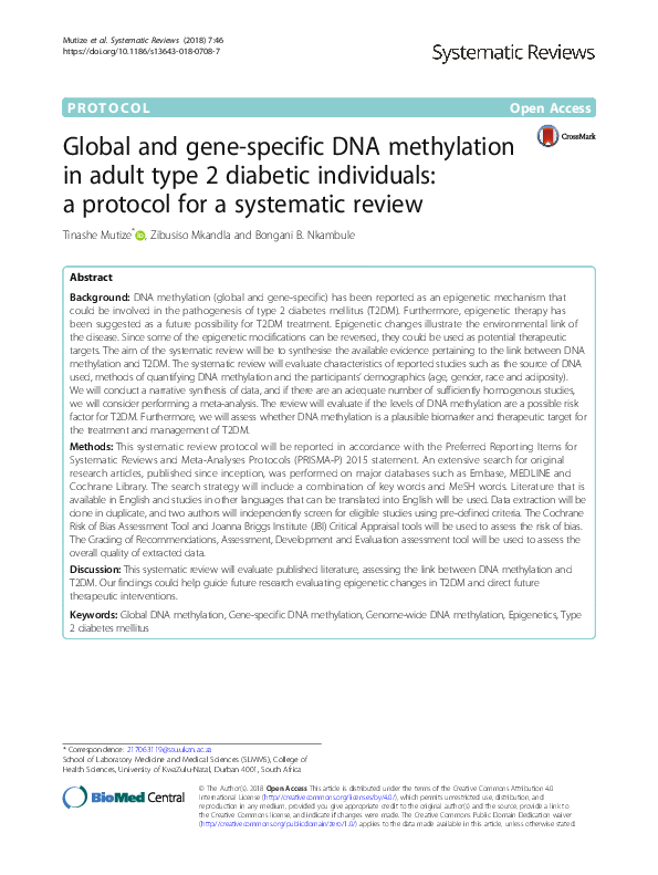 (PDF) Global and gene-specific DNA methylation in adult type 2 diabetic ...