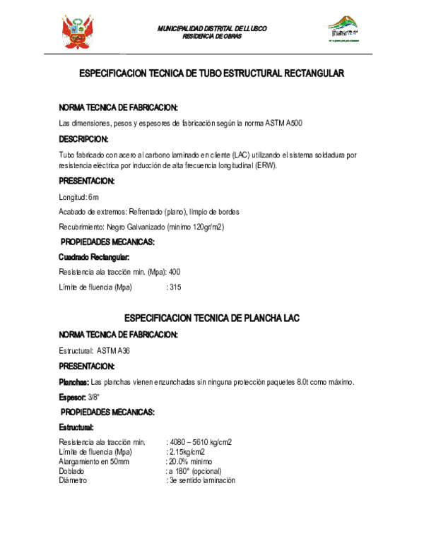 DOC) ESPECIFICACION TECNICA DE TUBO ESTRUCTURAL RECTANGULAR | Jhon Wilson  Carrillo Quispe - Academia.edu