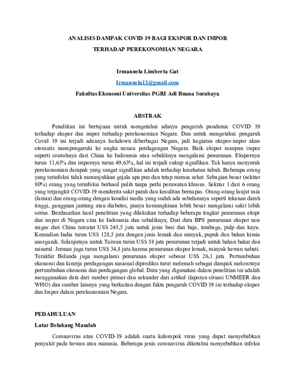 Doc Artikel Analisis Dampak Covid 19 Terhadap Ekspor Dan Impor Dalam Perekonomian Negara Irmanuela Limberta Gat Academia Edu