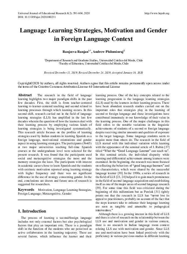 (PDF) Language Learning Strategies, Motivation and Gender in Foreign ...