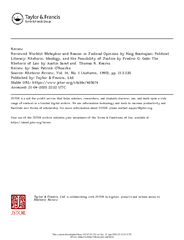 (PDF) “The Rhetoric of Law.” Rhetoric Review 14 (1995): 213-20.