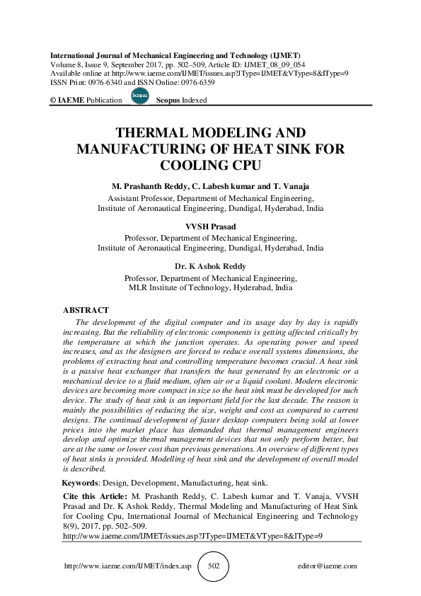 (PDF) Thermal modeling and manufacturing of heat sink for cooling CPU