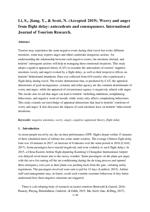 (PDF) Worry and anger from flight delay: Antecedents and Consequences